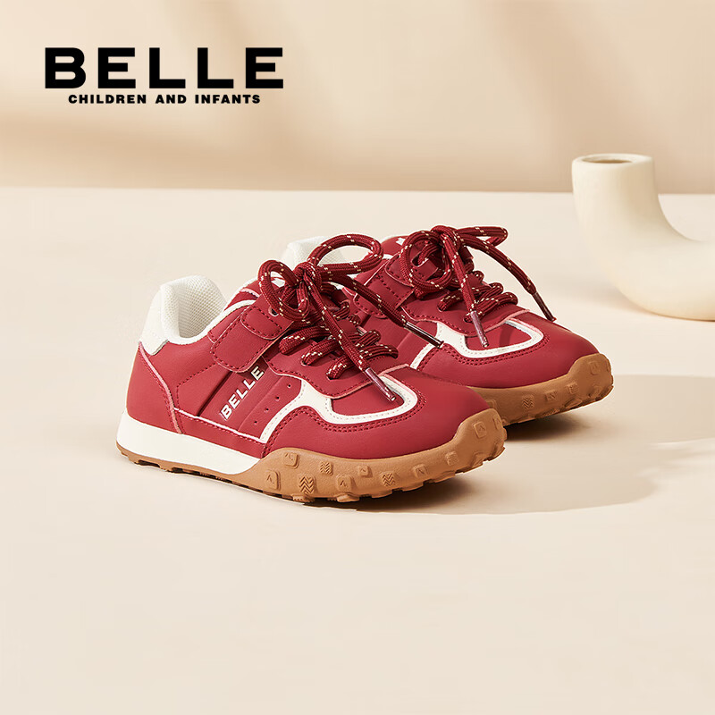 百丽儿童运动鞋25秋新款女童男童休闲鞋便捷魔术贴百搭大童跑步鞋 红色 30 【建议脚长186-191mm】