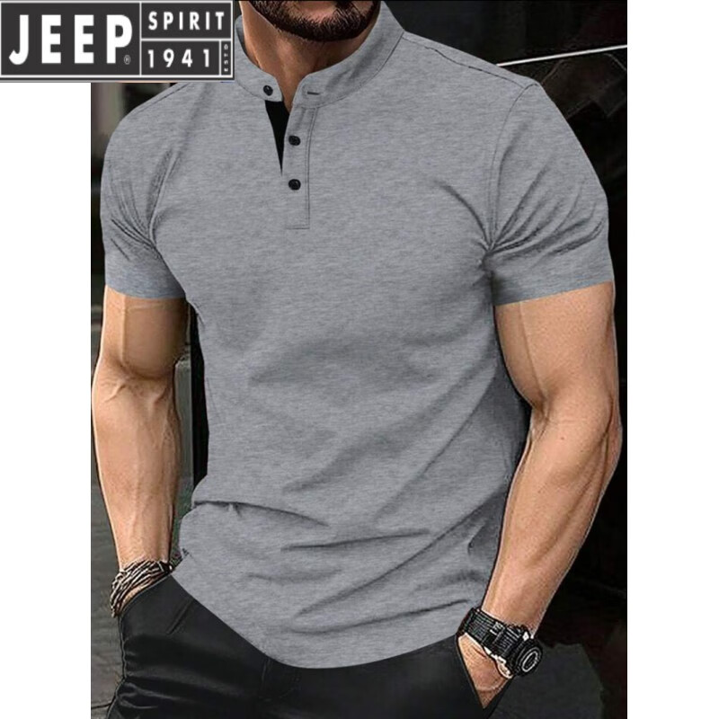 JEEP SPIRIT2025夏季型寬POLO.衫T恤男歐美短袖男士紐扣亨利領(lǐng)商務(wù)運(yùn)動(dòng)馬球衫 灰色 XL