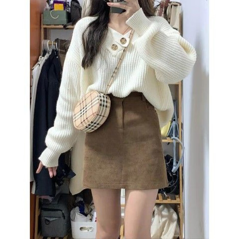 蒂洛缇娜秋冬气质女神范慵懒风洋气减龄甜美v领针织毛衣搭配半裙两件