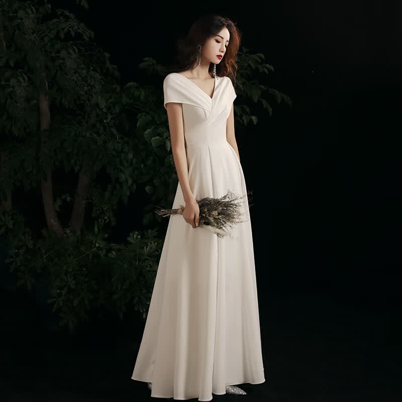 枫顾蓝小提琴礼服成人白色晚裙女气质轻奢主持人宴会高端法式领证登记