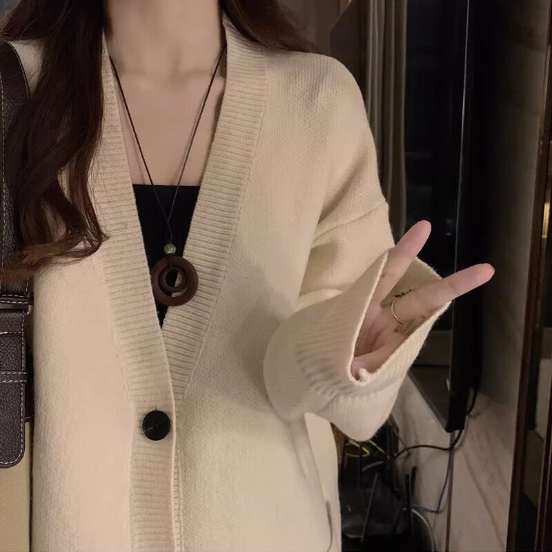 浪莎中长款针织衫开衫女秋冬新款宽松显瘦薄外套韩版休闲百搭秋装上衣 米白色 均码【适合80-140斤】