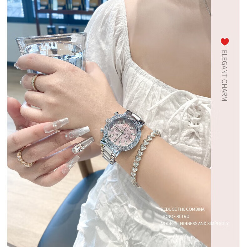 凯度（GAIDU）轻奢小众手表正品名牌时尚机械风镶钻陶瓷大表盘女士石英表礼物 陶瓷粉（送高档礼盒套装）