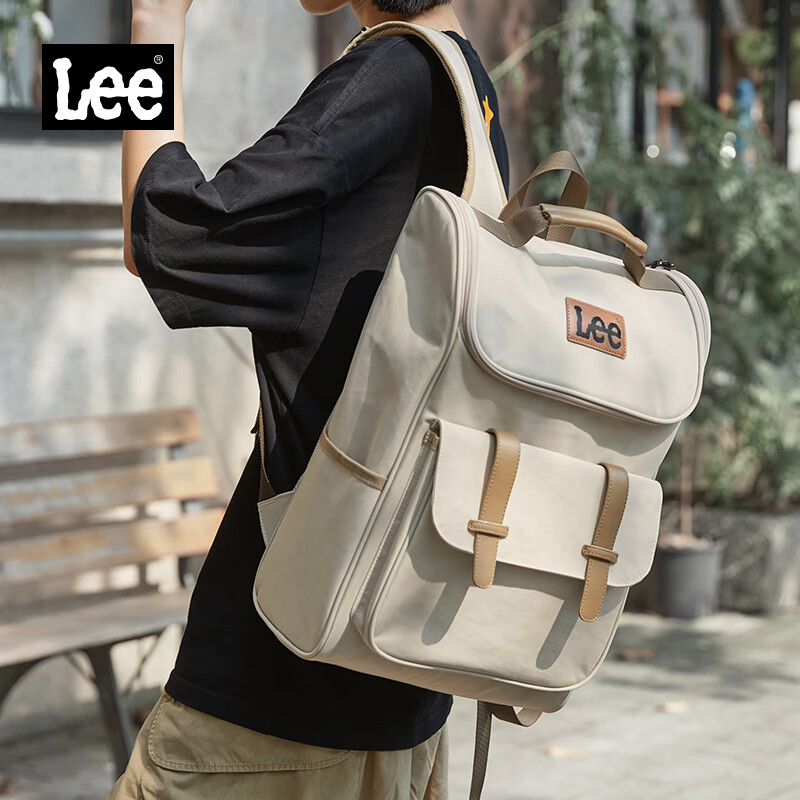 Lee双肩包男设计感小众大学生书包女大容量旅行背包初中电脑包卡其色