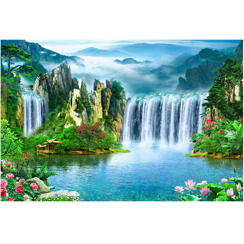 星舵流水生财无活物仙堂山水画家用背景画有山有水自然风景海报墙贴画