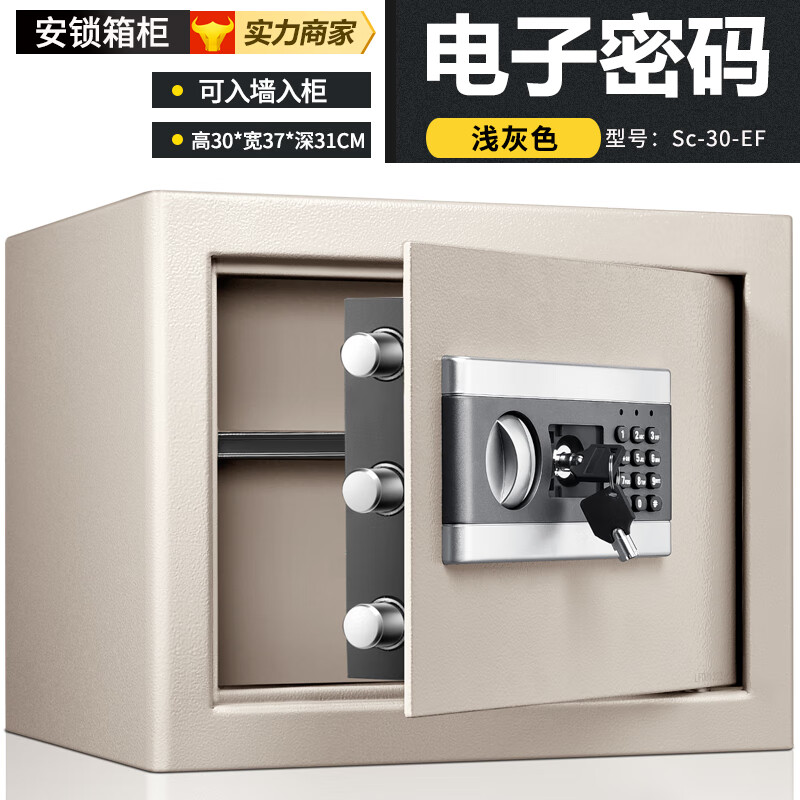 箱30cm办公保险柜迷你小型全钢保管箱入墙文适配 30ef 浅灰 旋钮 密码