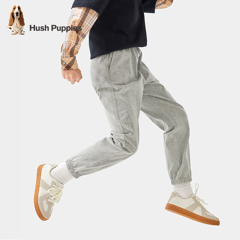 暇步士（Hush Puppies）童装男童2024春秋系列薄款经典格纹Q萌标志舒适有型休闲针织长裤 花灰 160cm(偏大一码)