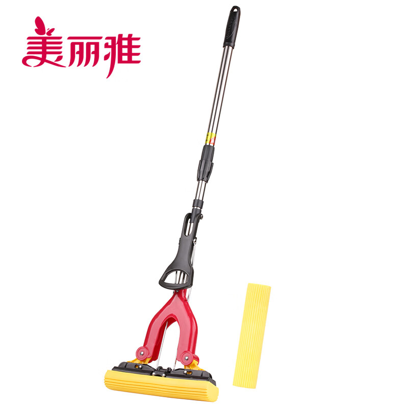 美丽雅对折胶棉地拖家用厨房浴室吸水拖把懒人免手洗墩布拖地神器一拖净 加强杆可伸缩共2拖头28CM