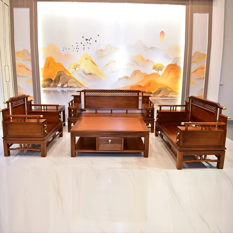 家具红色木明清全实木花梨木沙发 1 1 3 大茶几 小茶几五件套 颜色