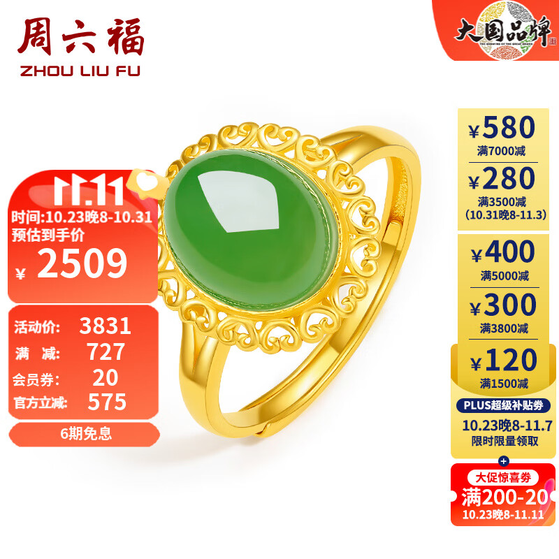 周六福（ZLF） 金镶玉足金戒指女气质大方和田碧玉活口戒指送老婆送妈妈 15号怎么看?