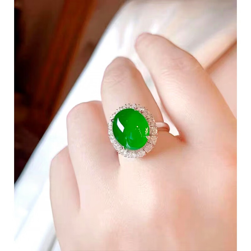 佐一生  zuoesen冰种正阳绿蛋面翡翠戒指镶嵌缅甸天ran帝王绿满绿戒面