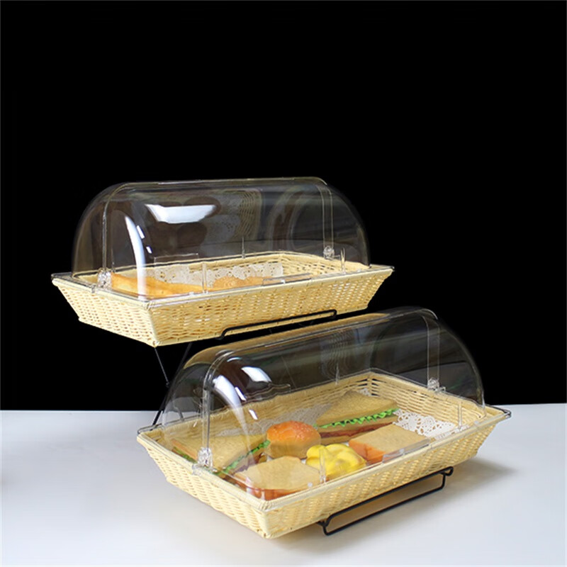 嘉宝日用藤编面包篮带盖蛋糕展示架甜品点心收纳筐自助餐糕点展示盘架摆台 米色篮53*33*8+翻盖+双层黑架