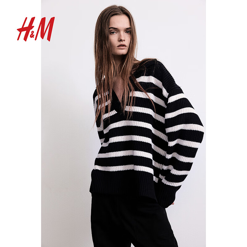 H&M女装毛针织衫2024春季新款休闲罗纹V领Polo衫式长袖套衫1208875 黑色/白色条纹 155/80