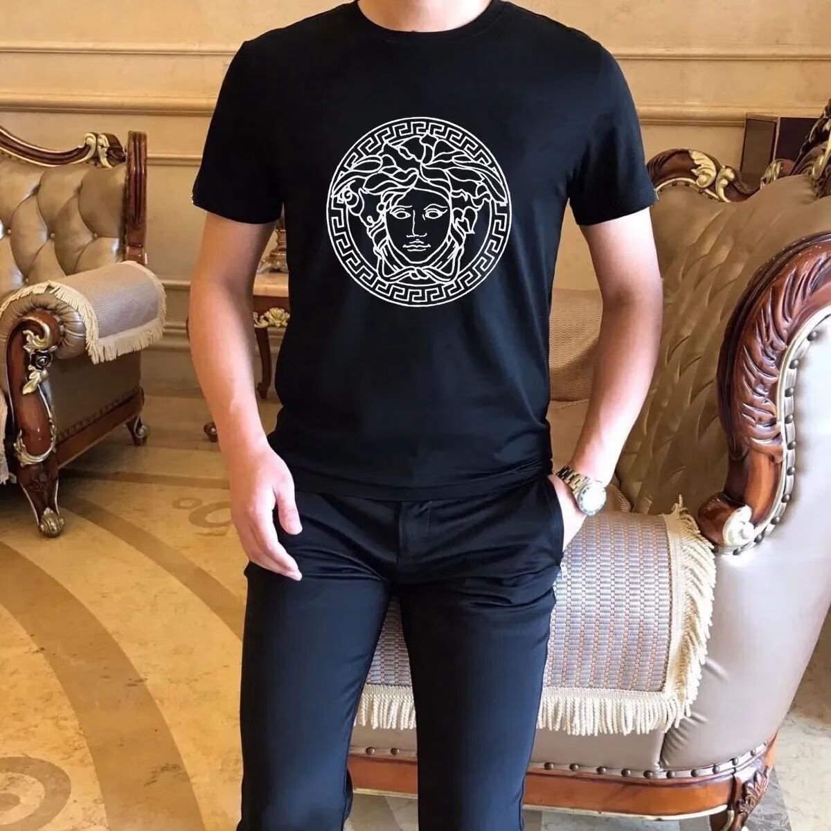 碧青棠瓦萨琪男士短袖t恤夏季24新款潮流百搭薄款男装夏装潮男 黑色