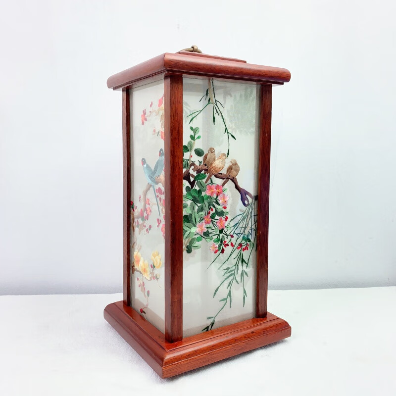 苏绣手工刺绣花鸟图四方宫灯台灯夜灯双面绣工艺品复古风摆件 默认
