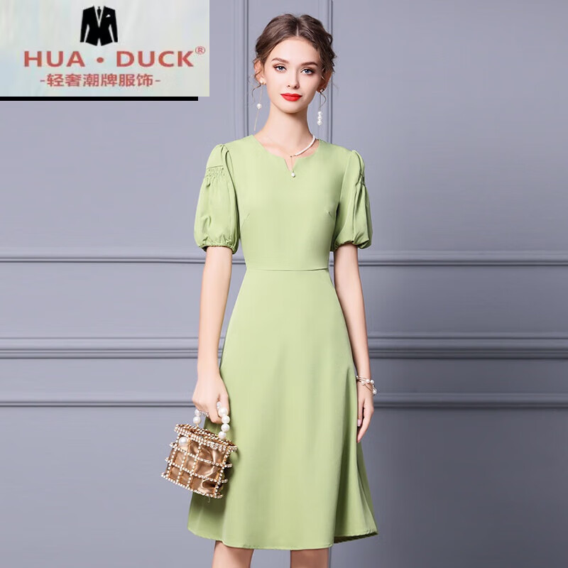 hua · duck轻奢侈国际品牌牛油果绿连衣裙小众夏季清