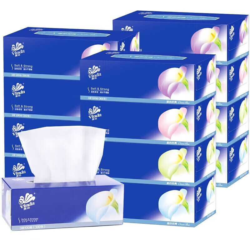 维达(vinda) 盒装抽纸 蓝色经典3层盒巾100抽4盒*4提 共16盒 面巾纸 v