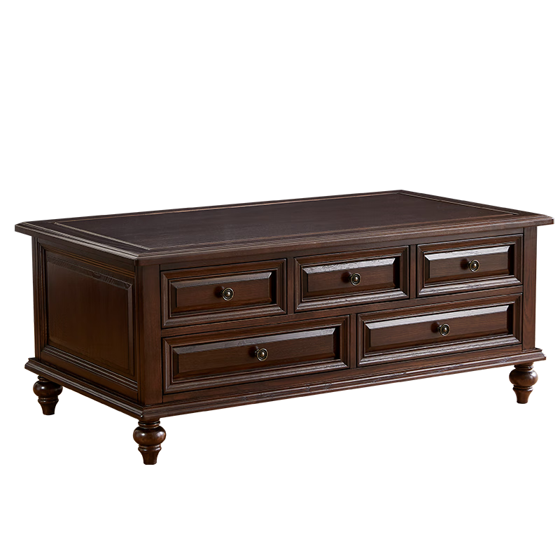 卡娜斯美式全實(shí)木茶幾電視柜組合收納儲物鄉村復古家用客廳原木收納家具 【經(jīng)典五抽茶幾1.10米】100%原木