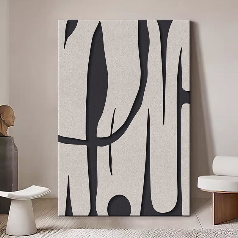 集简季现代客厅装饰画砂岩肌理黑白抽象落地简约挂画沙发背景墙壁画