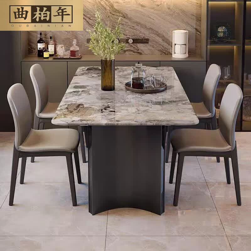 曲柏年意式极简大理石餐桌家用现代简约小户型高端轻奢长方形餐桌 [1.4]米大理石餐桌+4椅 不锈钢大理石餐桌