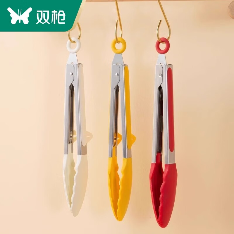 双枪双枪夹子厨房烧烤夹食品夹子硅胶夹子防烫夹面包煎牛排夹烤肉夹子 白色食品夹【带支脚 食品级硅胶】