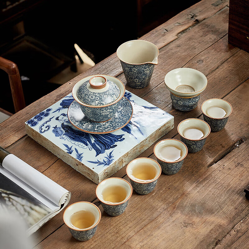 端匠汝窑繁花似锦茶具整套装日式功夫泡盖碗红绿茶家用办公高档送礼盒 万花复古汝窑茶具套装-礼盒装