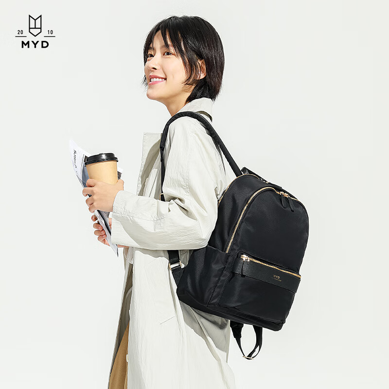 myd双肩包女大容量出街百搭背包时尚简约书包女士通勤电脑包 黑莓