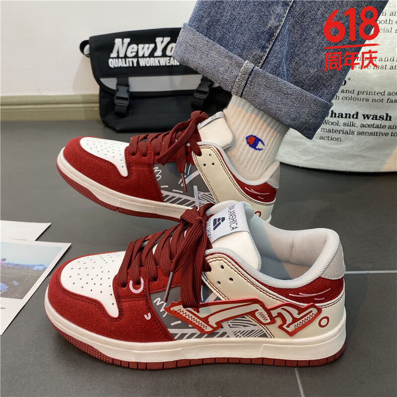 百搭板鞋子男士春季情侣本命年增高厚底面包休闲潮鞋女学 酒红-款式a