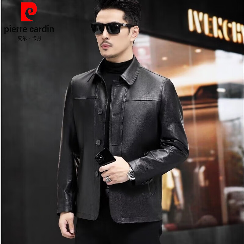 皮尔卡丹海宁真皮皮衣男士头层牛皮翻领休闲中长款商务中年皮夹克皮衣