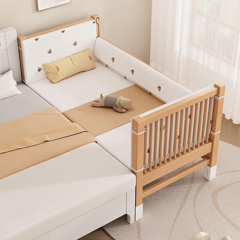 秋莹可升降榉木拼接床实木儿童床婴儿床加宽拼接大床小孩床边床拼接床 三面侧升5cm床垫+7A抗菌纯棉床围 可升降长180宽100高35【60护栏】