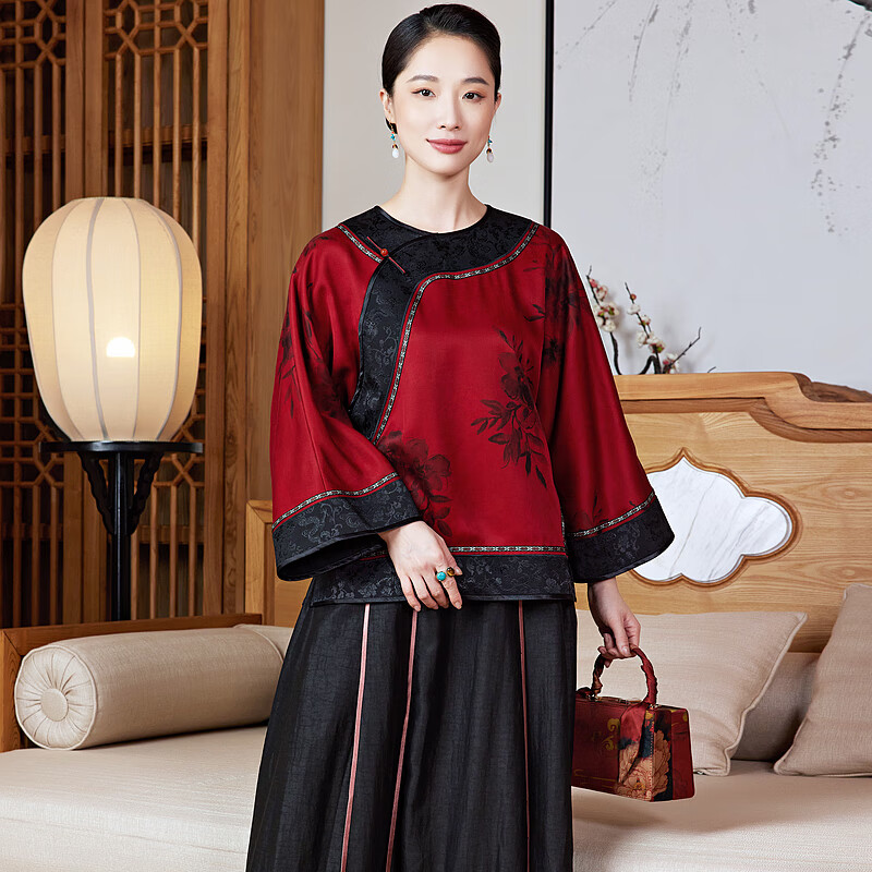 玺玥中国风吴绫香云纱京派宽松古典倒大袖新中式唐装上衣2025秋季新年 红色 XL (体重115~125)