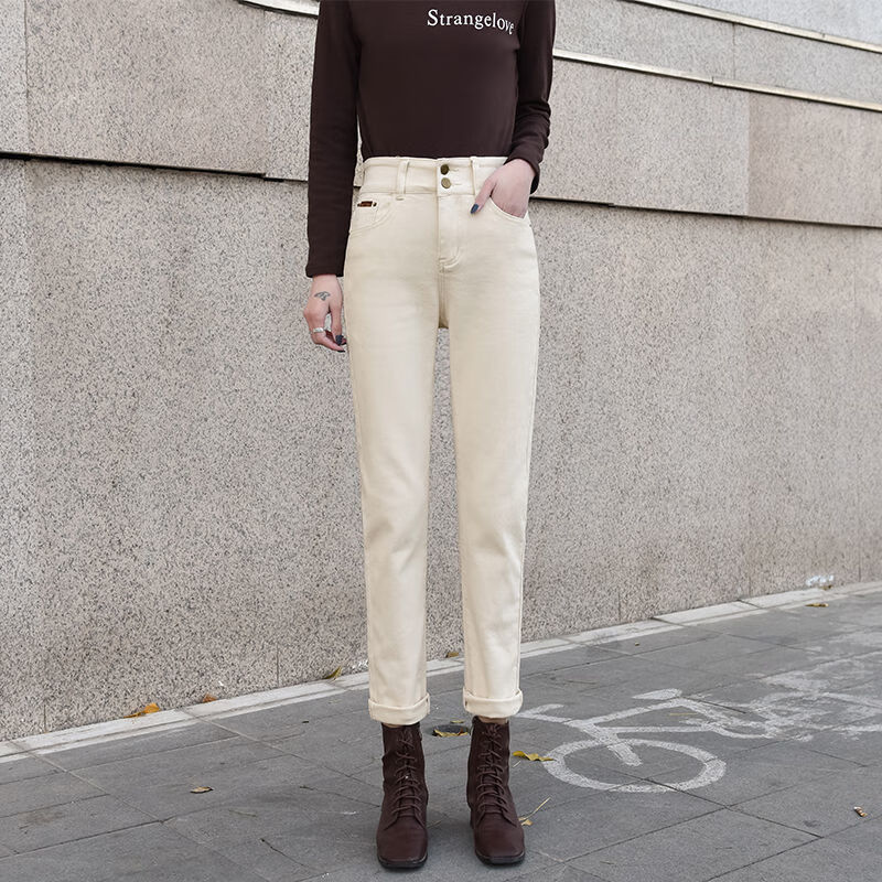 joytsie加1绒牛仔裤女烟管裤显瘦直筒宽松秋冬季小个子米白色高腰加1