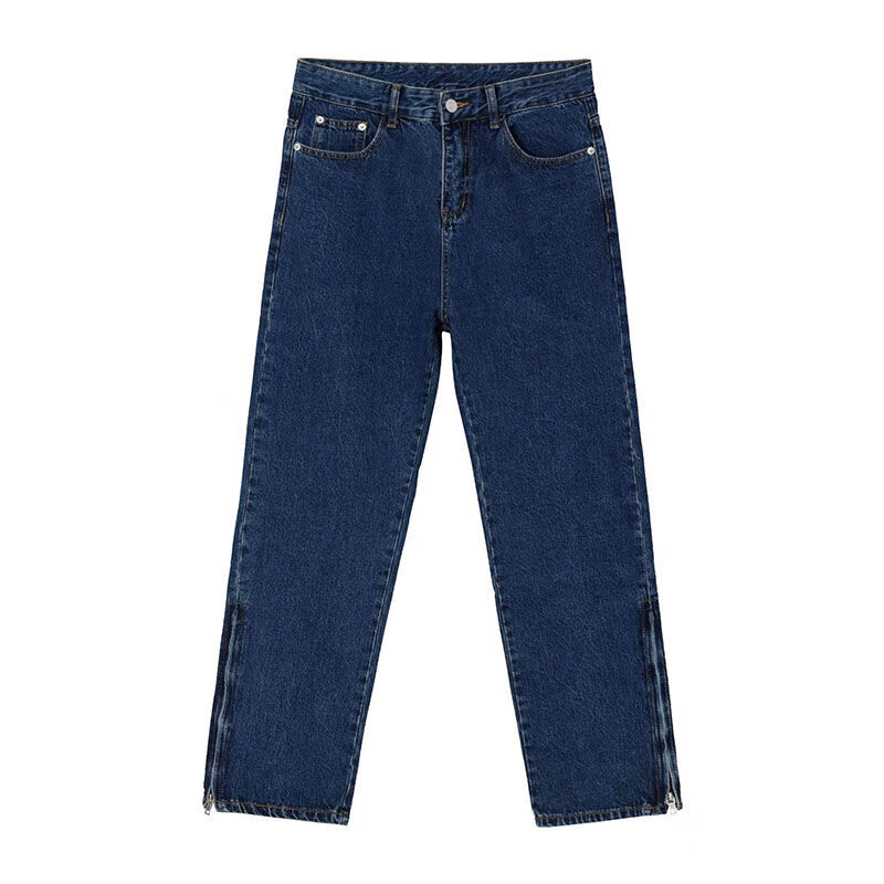 紫策拉八男微型喇叭裤男士宽腿裤秋冬加1厚中腰个性裤脚拉链开叉深蓝