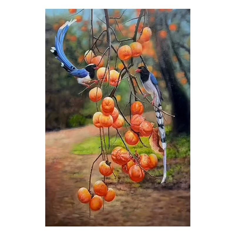 艺幻玄关喜鹊柿子手绘油画客厅写实装饰画新中式硕果累累挂画走廊壁画
