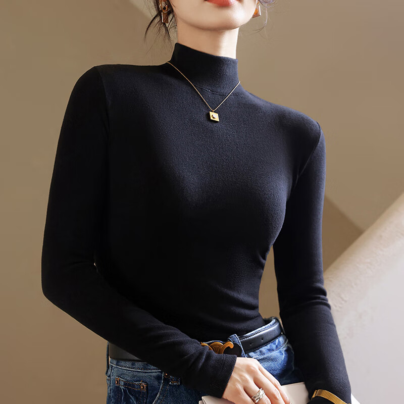 华婷露(Huatinglu)半高领仿德绒内搭长袖打底衫衣女2024秋冬漂亮小衫修身保暖上衣 黑色 XL (110-125斤)