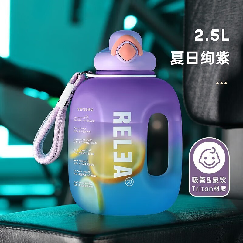 物生物（RELEA）运动水壶Tritan健身水杯大容量大肚杯子夏天吸管便携塑料杯 夏日绚紫-提绳款2.5L