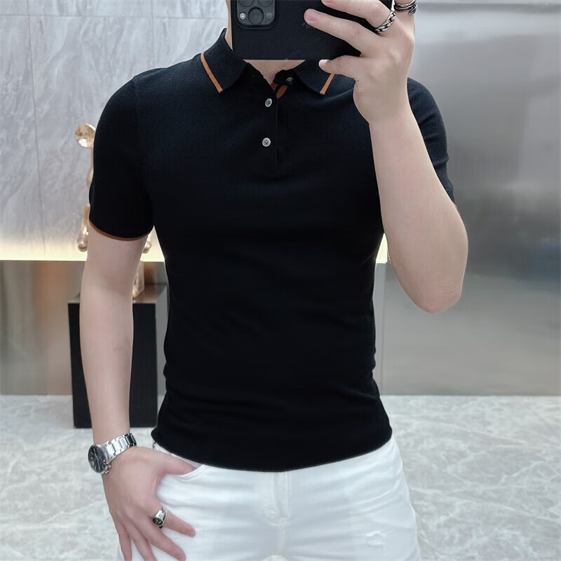 LUO ELEMENT男士夏季纯色新款POLO针织衫商务休闲短袖翻领T恤修身半袖感 黑色 M