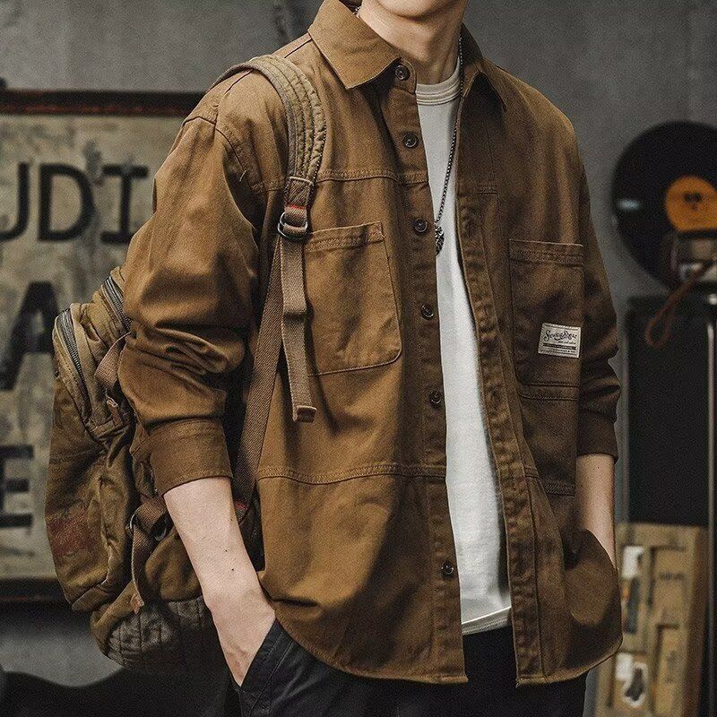 奕津大码啤酒肚男法兰绒衬衫长1袖男士加肥加大复古新款工装外套士春