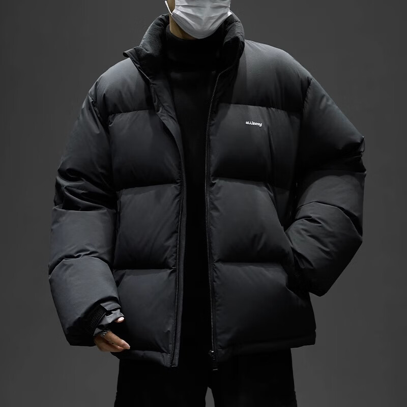 潮天士美式复古白鸭绒羽绒服男宽松外穿加厚面包服潮牌立领秋冬保暖外套 玄黑色 M【100-130斤】