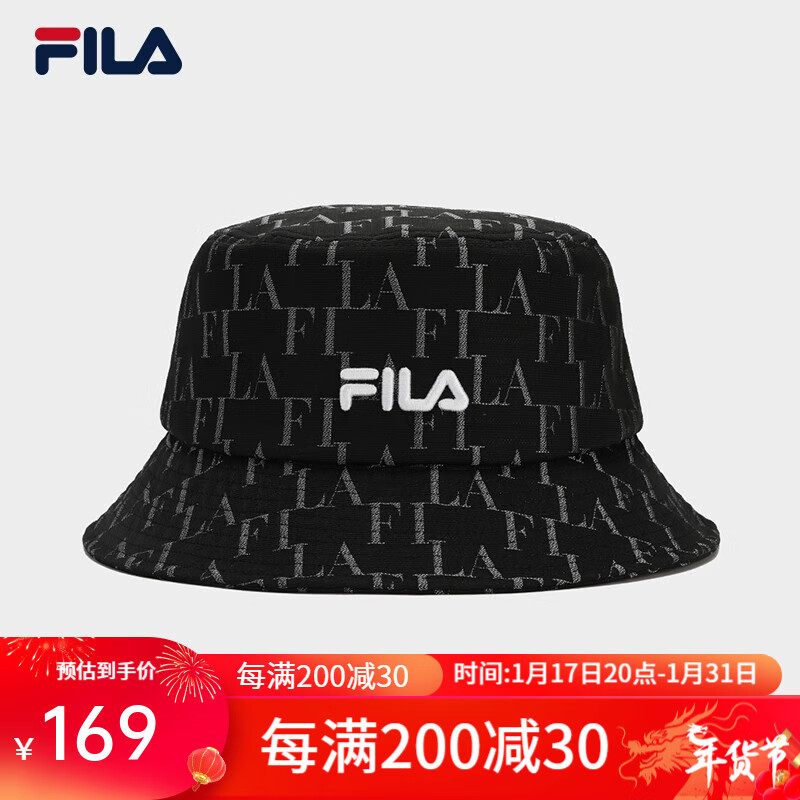 FILA 斐乐官方女帽圆帽2023冬新款帽子时尚休闲遮阳帽渔夫帽盆帽 正黑色-BK XS