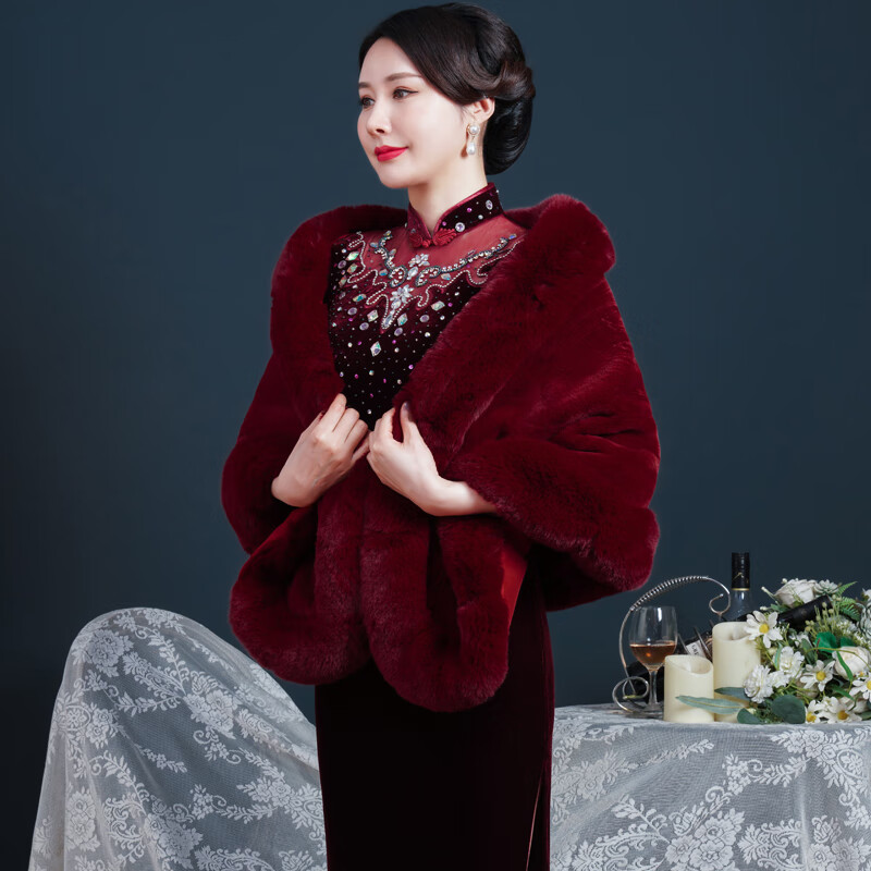筝宁喜婆婆婚宴时尚礼服冬季皮草加绒酒婚礼妈妈旗袍外搭礼服斗篷 酒