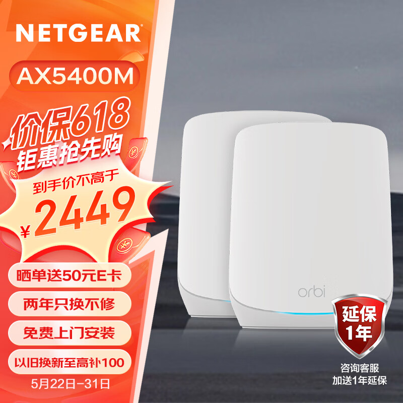 网件（NETGEAR）RBK762子母路由器千兆wifi6 家用大户型全屋wifi套装 真三频无线Mesh组网分布式 AX5400/两只装