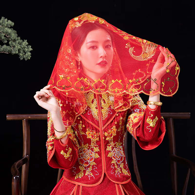 琅麦红盖头结婚新娘主婚纱中式婚礼秀禾复古用蒙头红色喜帕半透明头纱