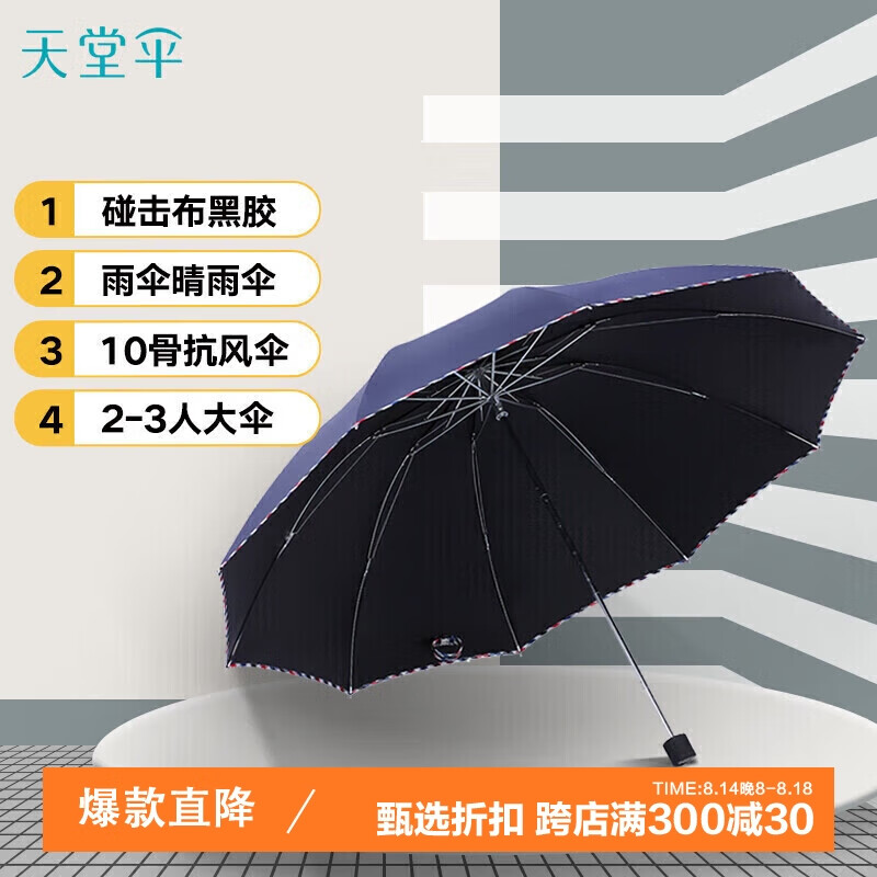 天堂 双人晴雨伞三折强抗风防紫外线遮阳伞太阳伞64*10骨 3311藏青