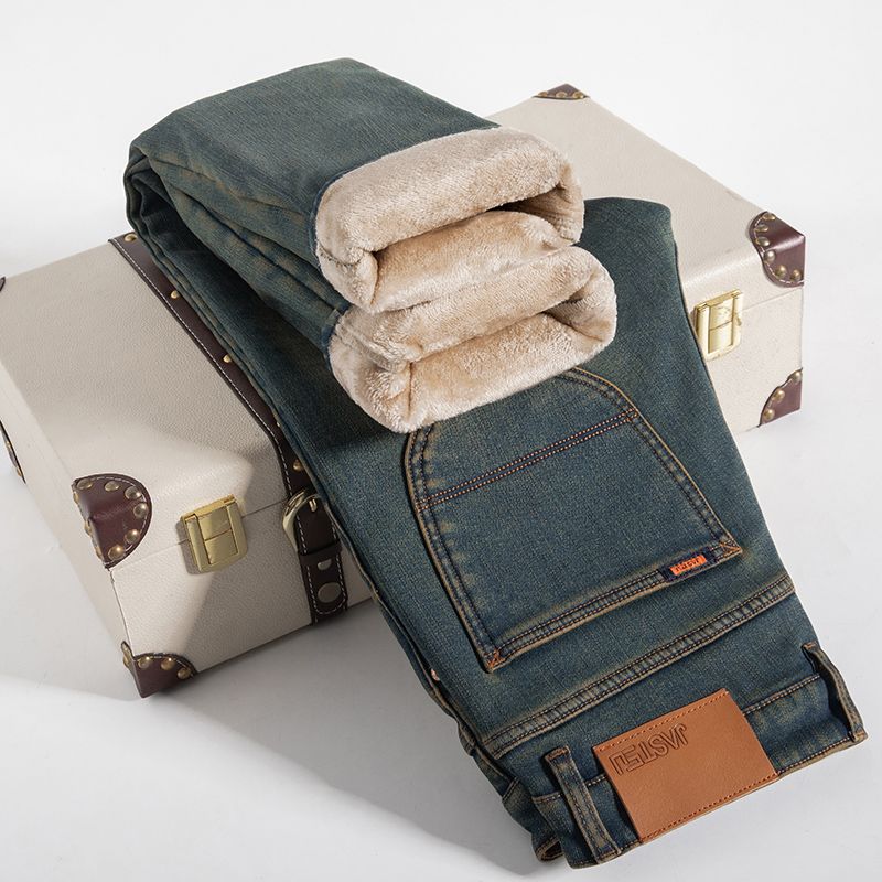 士加厚秋冬新款修身直筒宽松百搭裤 复古蓝(加绒款) 28 码(腰围2尺1)