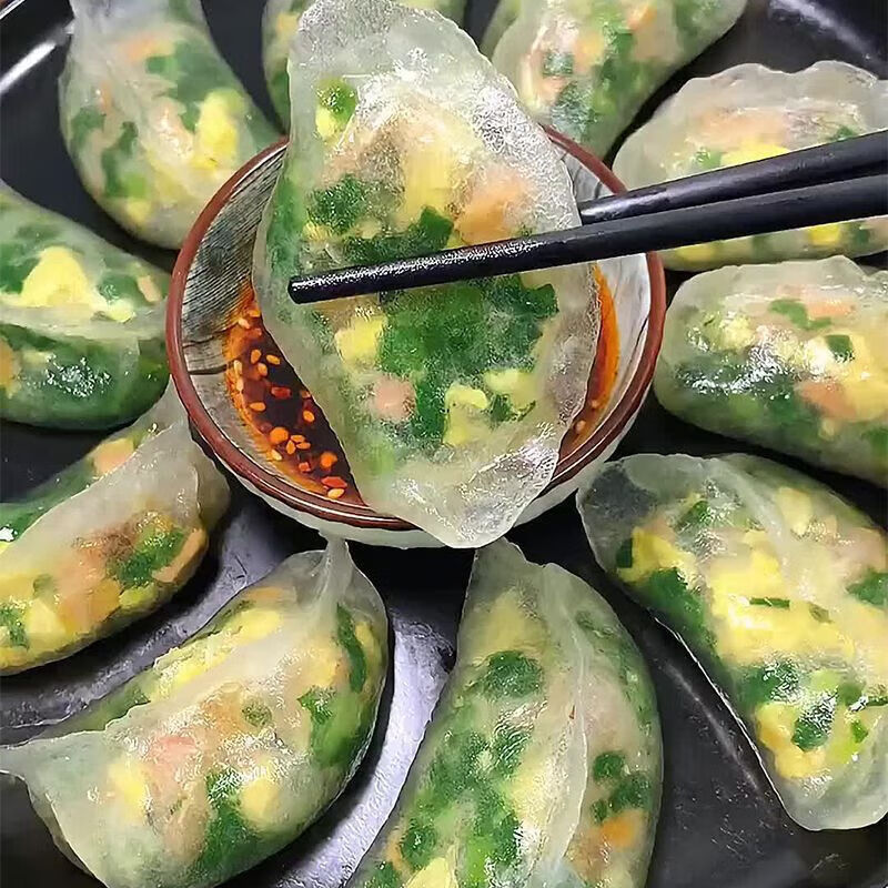 康创优品素馅水晶蒸饺煎饺韭菜鸡蛋薄皮蒸煎饺懒人早餐半成品速食加热