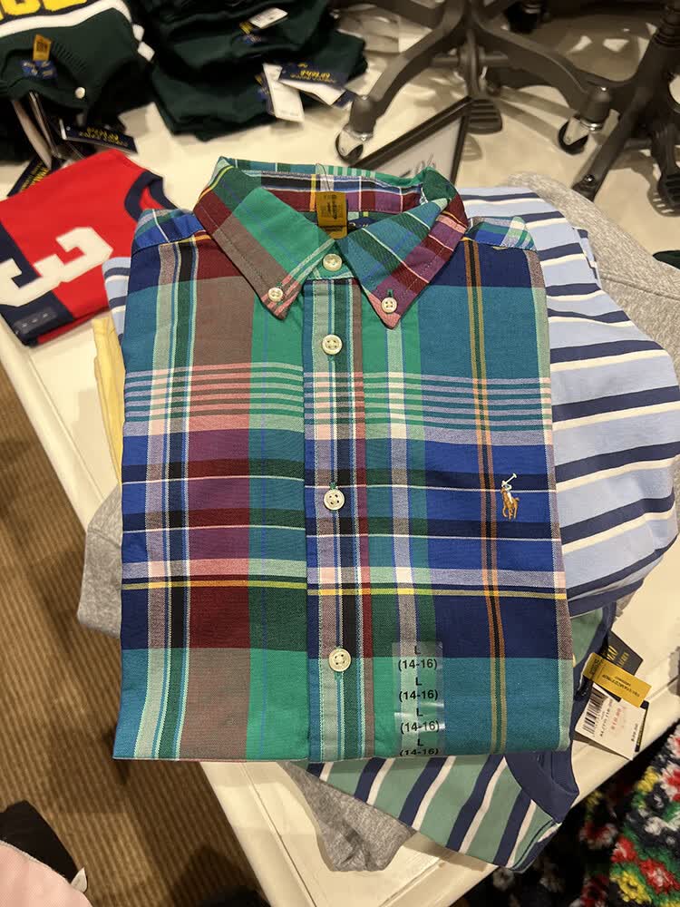 拉夫劳伦polo ralph lauren 大童刺绣彩色马标多色格纹扣领长袖衬衫