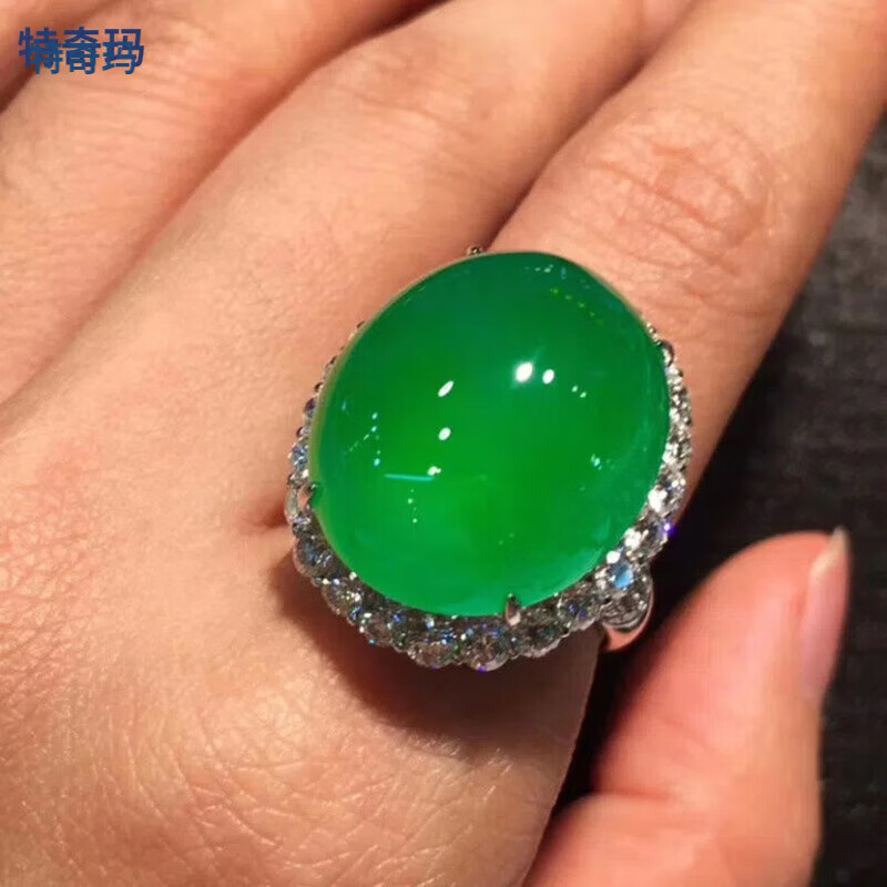 特奇玛925银老坑玉髓冰种蛋面满阳绿色戒面指环个性气质戒指生日礼物