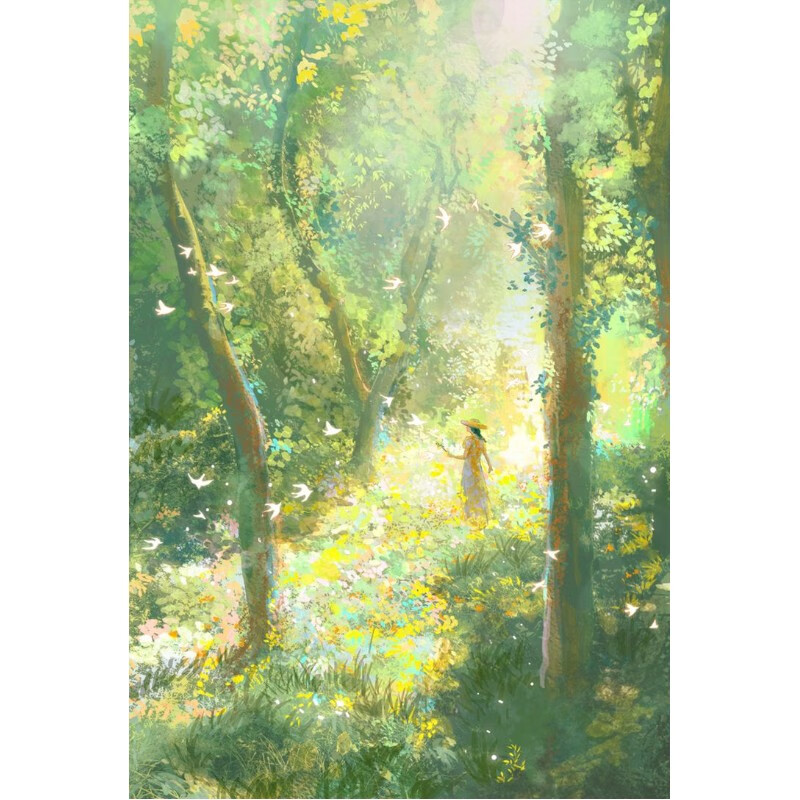 艺幻绿色复古风景感手绘油画客厅装饰壁画玄关微光森林挂画 微光森林