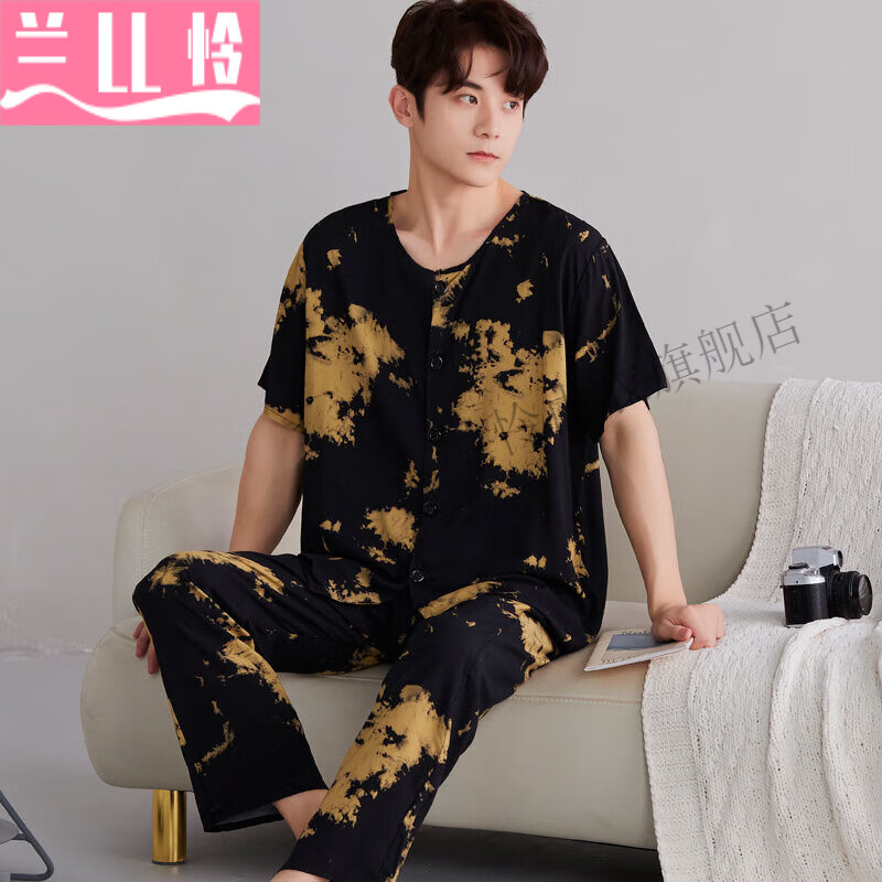 夏季短袖长裤薄款人造棉绵绸中老年男人加肥大码睡衣 开衫圆领古风格