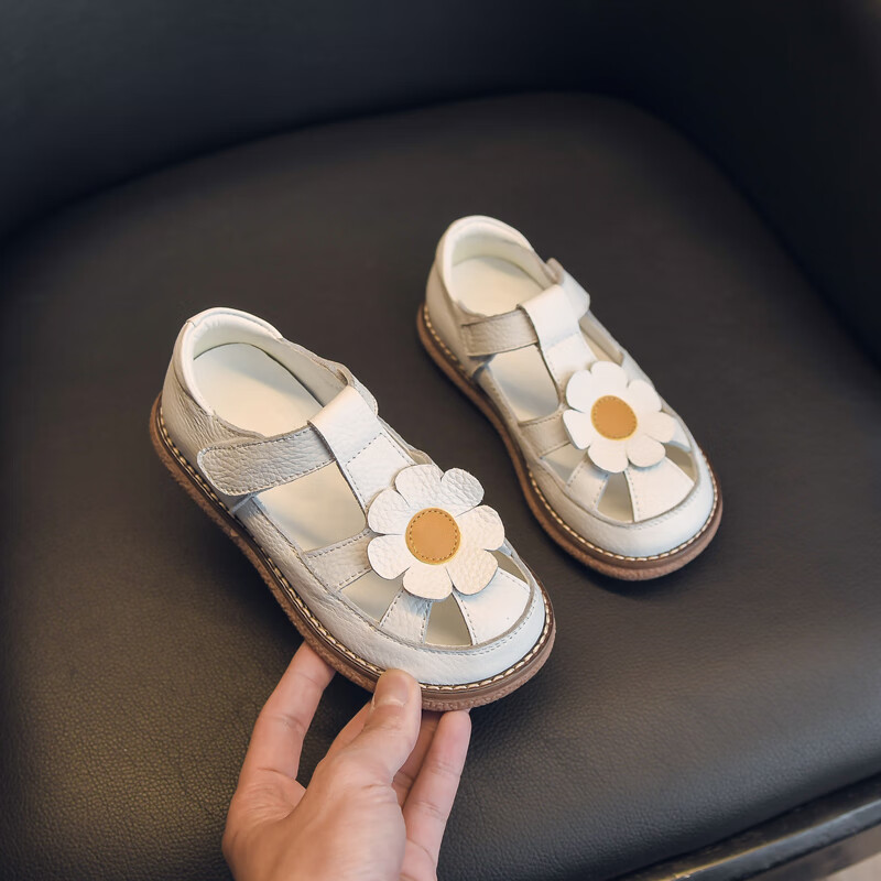 凉鞋头层牛皮软底公主鞋2024夏季新款凉头小孩鞋 白色2201(夏款) 22码